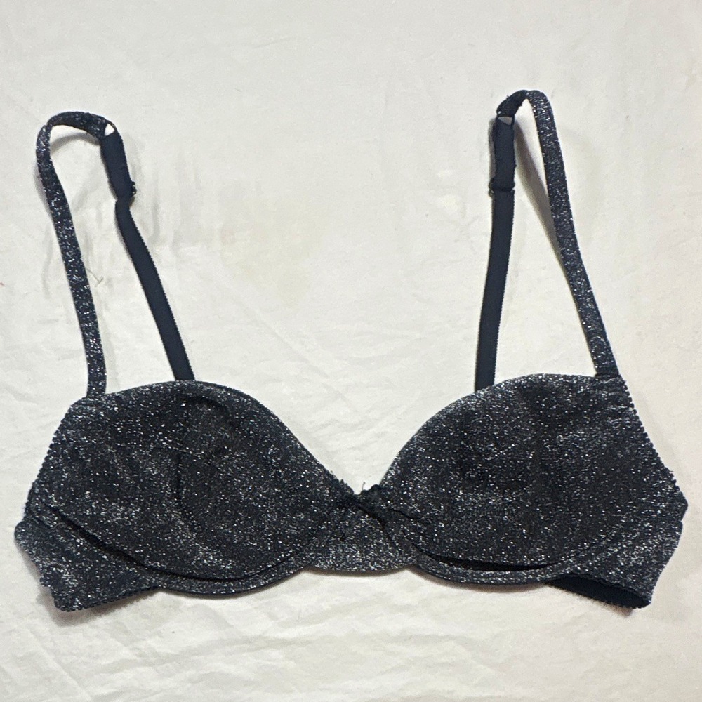 Vintage 36B Metallic Black Silver Wire Free Bra Glitter Y2K Made Hong Kong